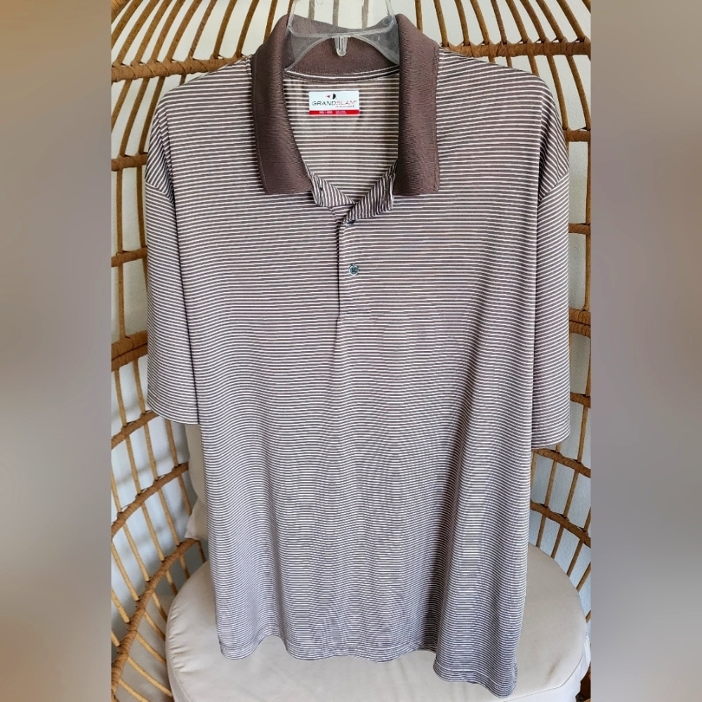 Grand Slam Men's Brown Striped Short Sleeve Collared Polo Shirt Size XXL